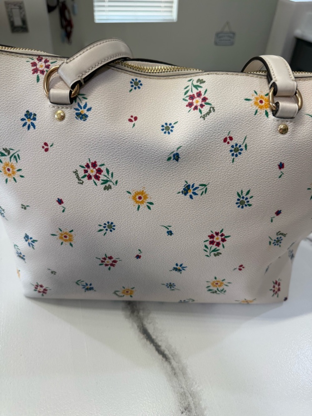Coach Floral Print Tote Cream Canvas Leather Trim Zip Top Shoulder Bag - Picture 3 of 10